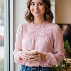 LAST ONE!!  NEW Sweet Light Pink Swiss Dot sheer fabric lining smocked top XL
